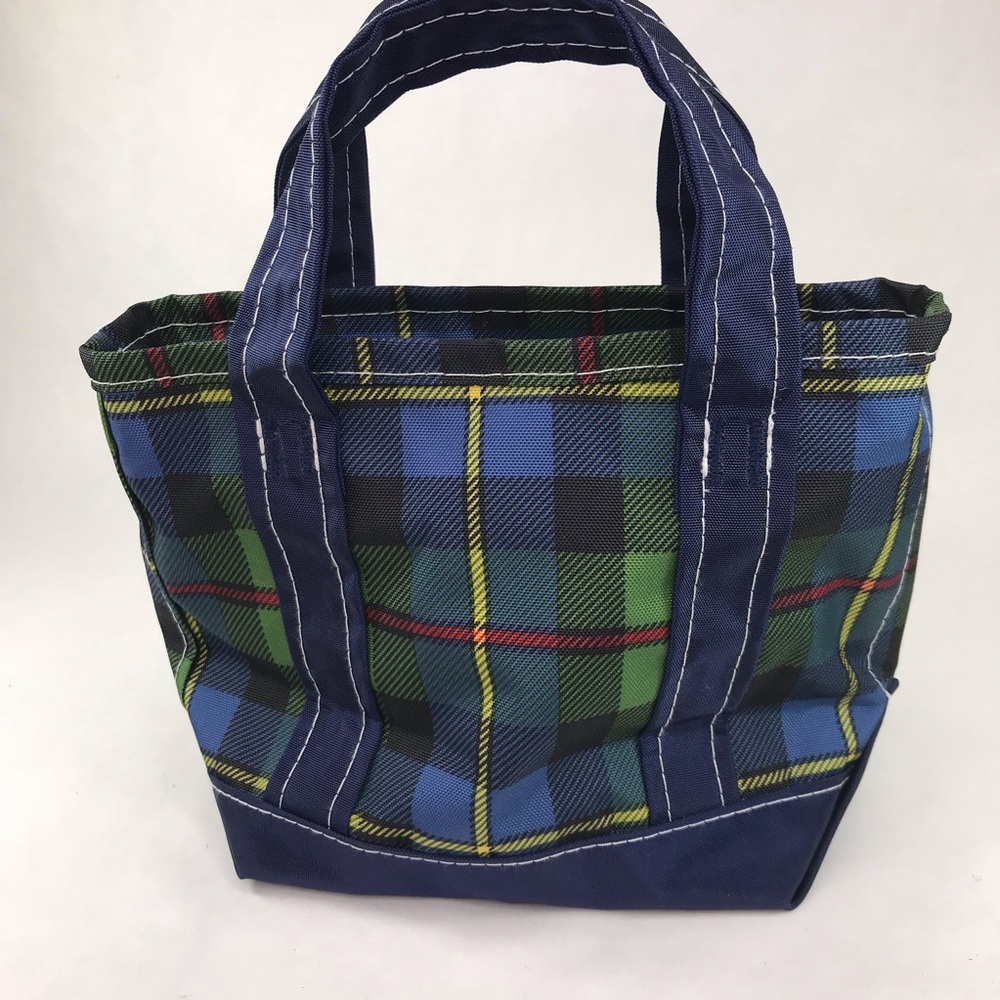 LL Bean Mini Everyday Lightweight Tote Blue Green Tartan Plaid Zipper Small - Picture 4 of 8